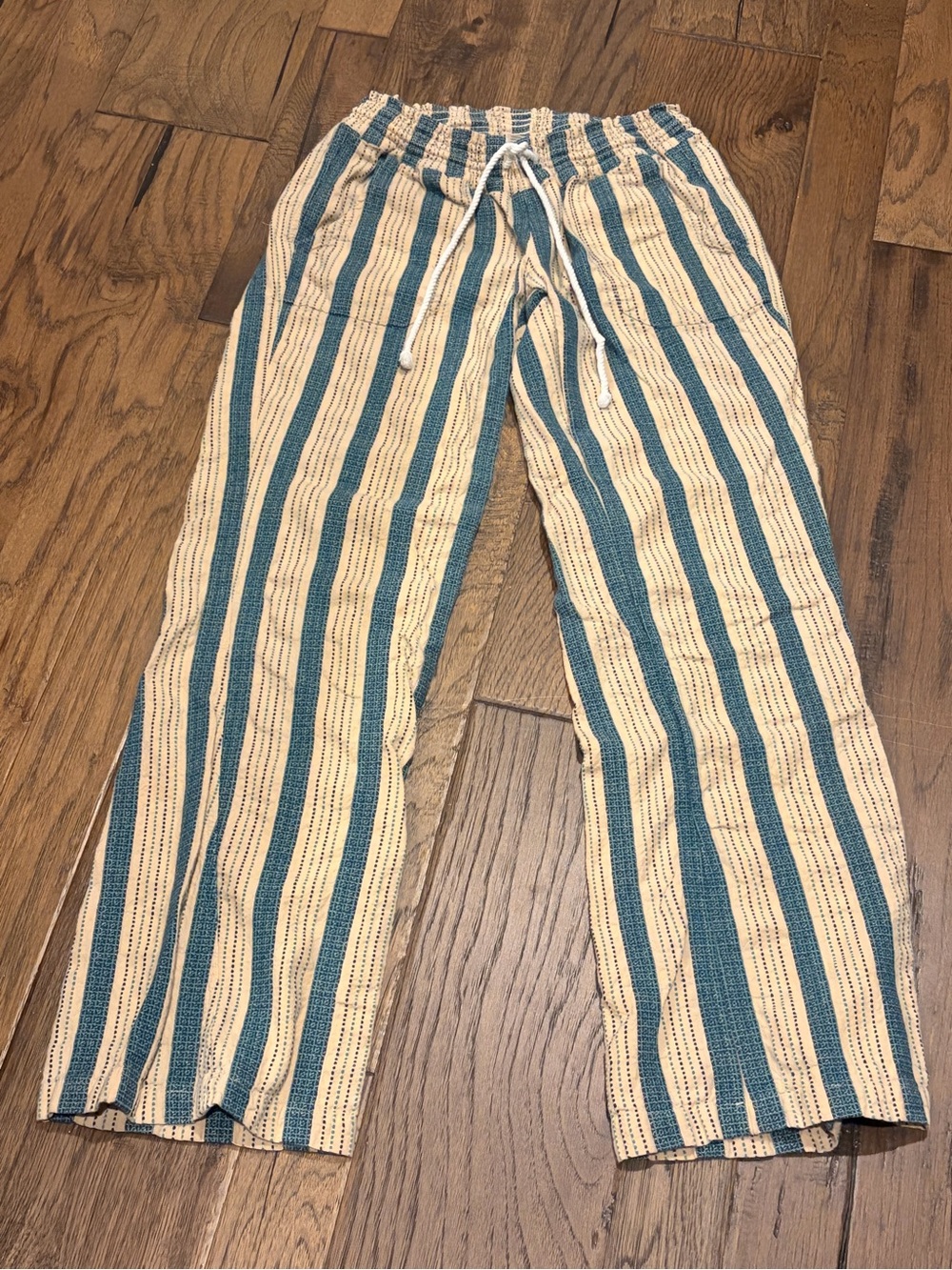 Roxy Teal and Cream Striped Women Drawstring Wide-Leg Pants
